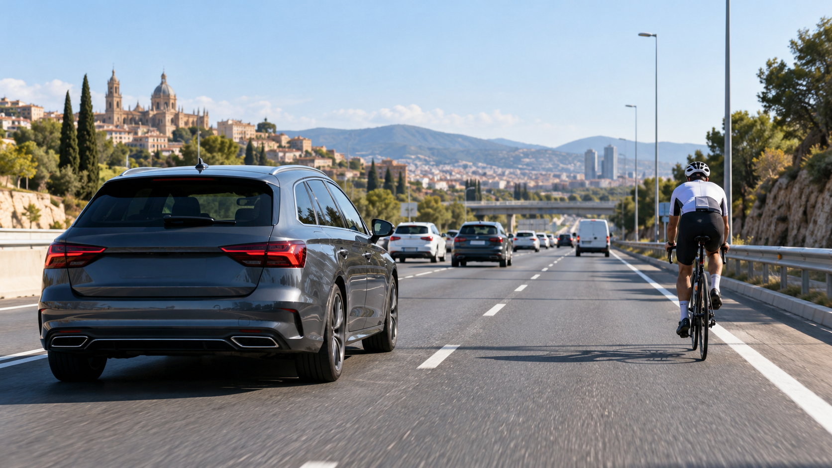 Nuevas normas de tráfico 2026 con coche y ciclista en carretera